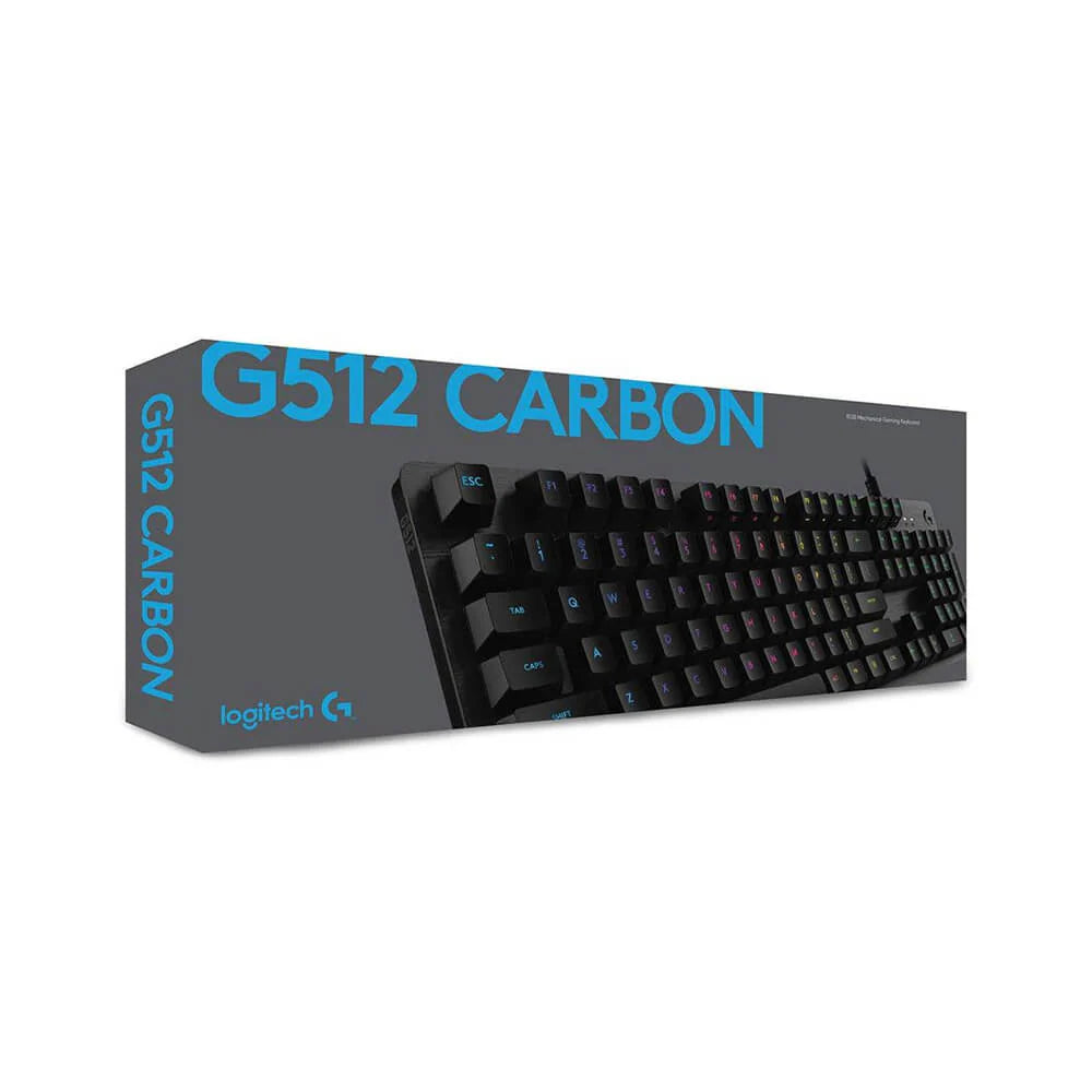 Box packaging of Logitech G512 RGB Mechanical Gaming Keyboard showcasing the keyboard with RGB lighting.